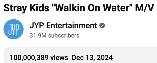 أغنية "Walkin On Water" لفرقة Stray Kids تصبح الفيديو الموسيقي الـ19 للفرقة الذي يصل إلى 100 مليون مشاهدة