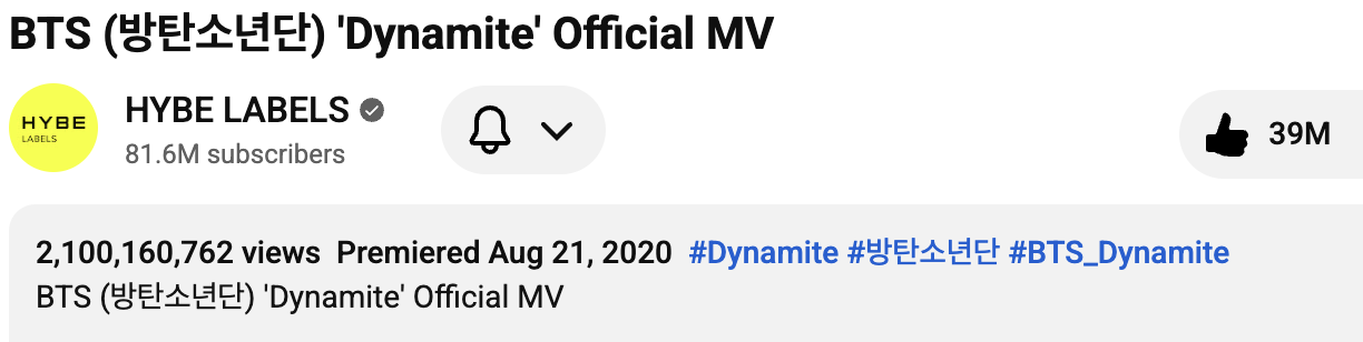 أغنية "Dynamite" لفرقة BTS تصبح أول فيديو موسيقي لفرقة فتيان كورية يتجاوز 2.1 مليار مشاهدة